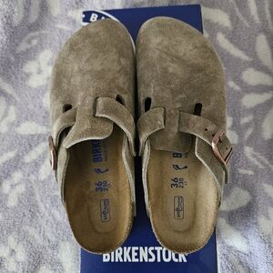 Birkenstock Taupe Suede Clogs